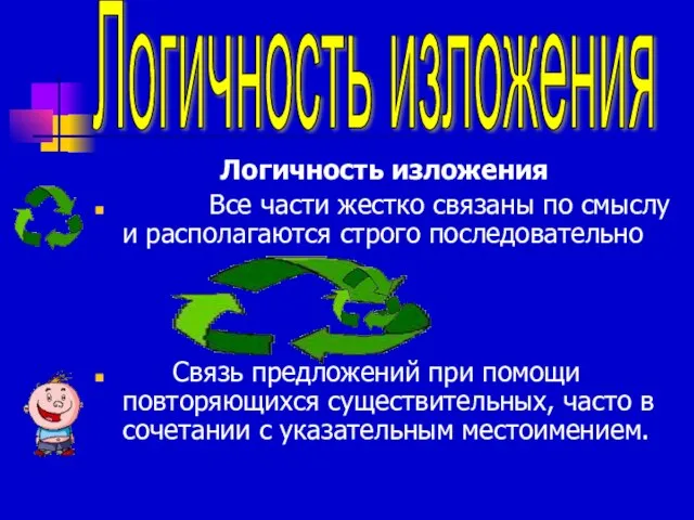 Логичность изложения Все части жестко связаны по смыслу и располагаются строго последовательно