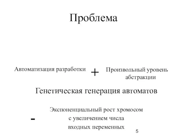 Проблема Автоматизация разработки Произвольный уровень абстракции Генетическая генерация автоматов Экспоненциальный рост хромосом