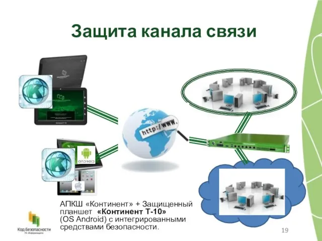 Защита канала связи АПКШ «Континент» + Защищенный планшет «Континент Т-10» (ОS Android) с интегрированными средствами безопасности.