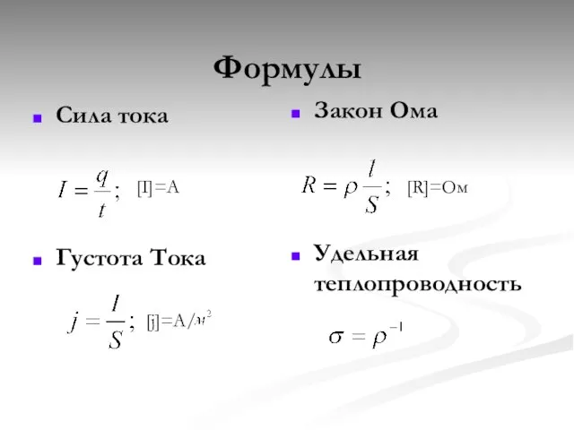 Формулы Сила тока Густота Тока Закон Ома Удельная теплопроводность [I]=A [j]=A/ [R]=Ом