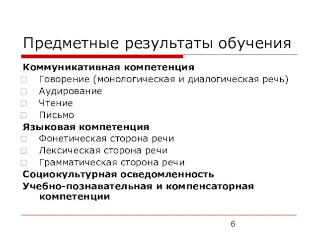 Предметные результаты обучения Коммуникативная компетенция Говорение (монологическая и диалогическая речь) Аудирование Чтение