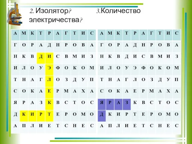 2. Изолятор? 3.Количество электричества?