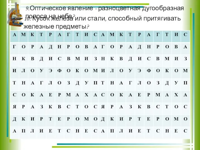 9.Оптическое явление - разноцветная дугообразная полоса на небе? 10. Кусок железа или