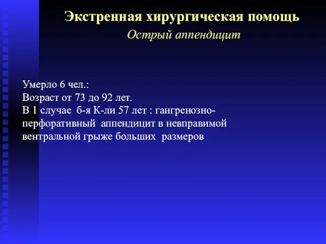 Экстренная хирургическая помощь Острый аппендицит Умерло 6 чел.: Возраст от 73 до