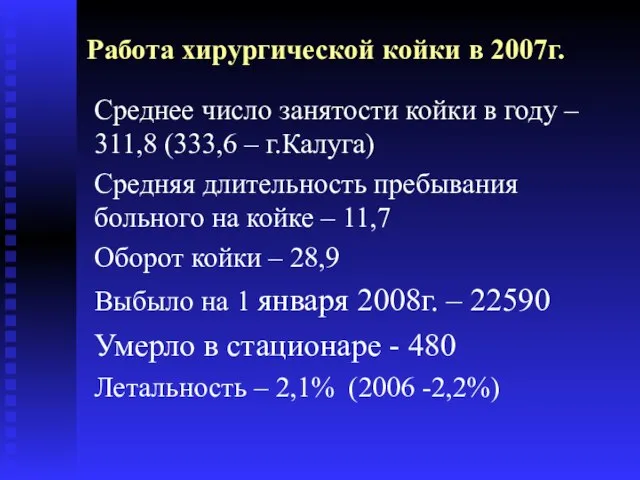 Работа хирургической койки в 2007г. Среднее число занятости койки в году –