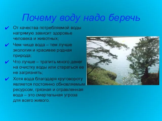 Почему воду надо беречь От качества потребляемой воды напрямую зависит здоровье человека