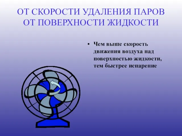 ОТ СКОРОСТИ УДАЛЕНИЯ ПАРОВ ОТ ПОВЕРХНОСТИ ЖИДКОСТИ Чем выше скорость движения воздуха