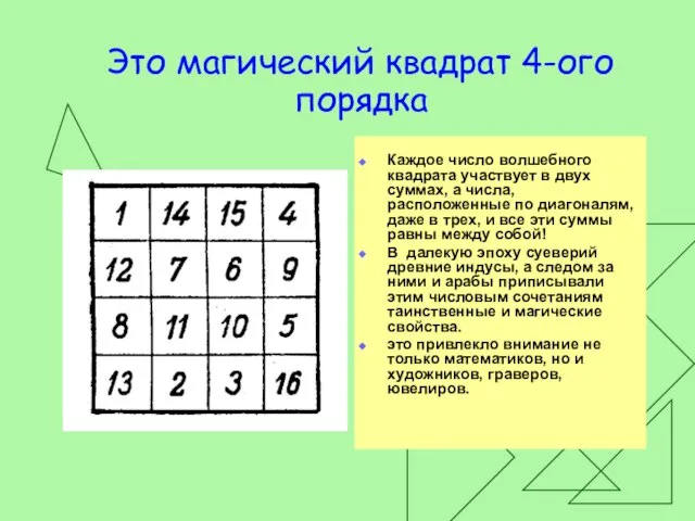 Это магический квадрат 4-ого порядка Каждое число волшебного квадрата участвует в двух