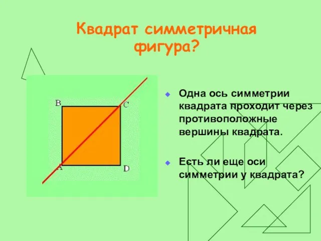 Квадрат симметричная фигура? Одна ось симметрии квадрата проходит через противоположные вершины квадрата.