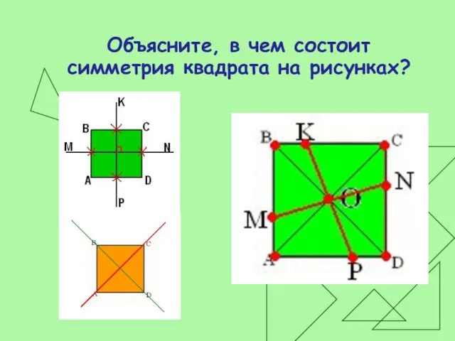 Объясните, в чем состоит симметрия квадрата на рисунках?