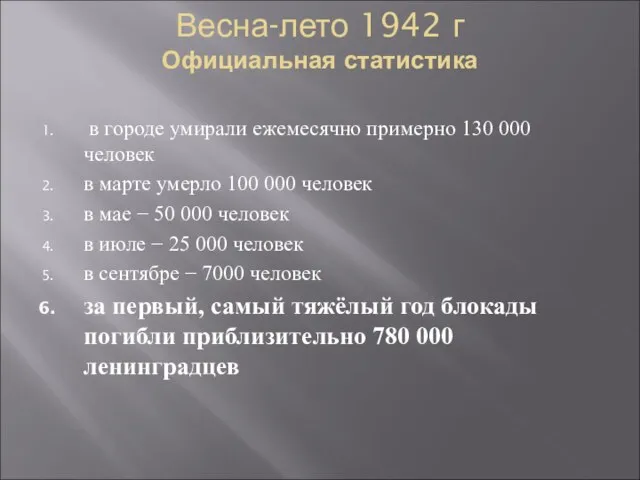 Весна-лето 1942 г Официальная статистика в городе умирали ежемесячно примерно 130 000
