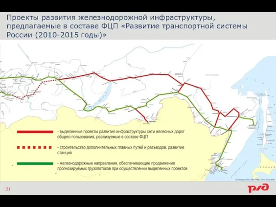 Проекты развития железнодорожной инфраструктуры, предлагаемые в составе ФЦП «Развитие транспортной системы России (2010-2015 годы)» 21