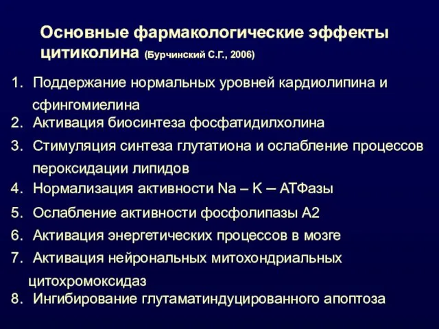 Основные фармакологические эффекты цитиколина (Бурчинский С.Г., 2006) Поддержание нормальных уровней кардиолипина и