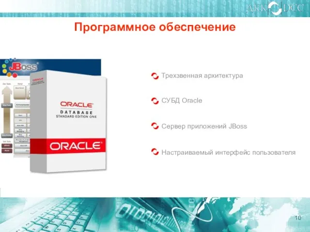 Программное обеспечение Трехзвенная архитектура СУБД Oracle Сервер приложений JBoss Настраиваемый интерфейс пользователя 10