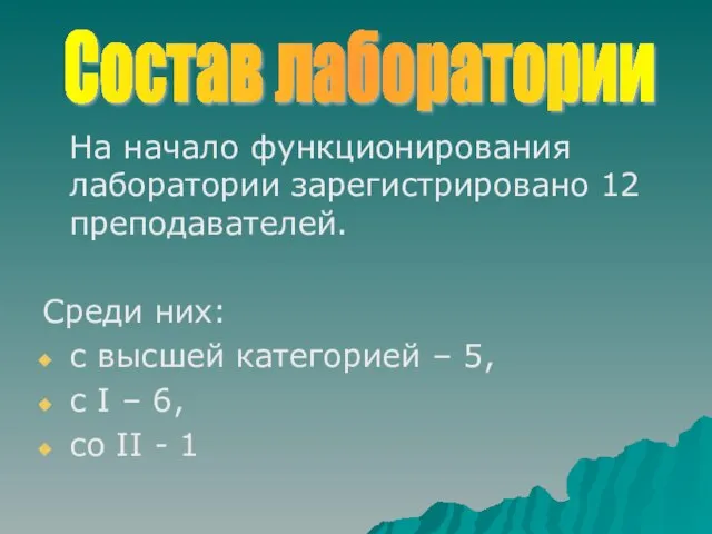 На начало функционирования лаборатории зарегистрировано 12 преподавателей. Среди них: с высшей категорией