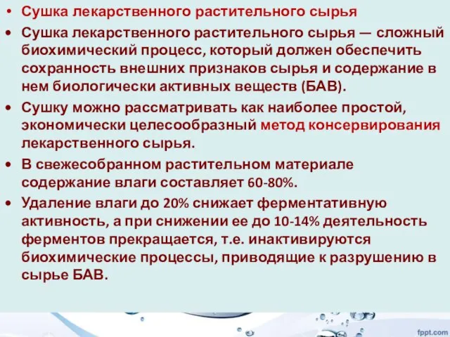 Сушка лекарственного растительного сырья Сушка лекарственного растительного сырья — сложный биохимический процесс,