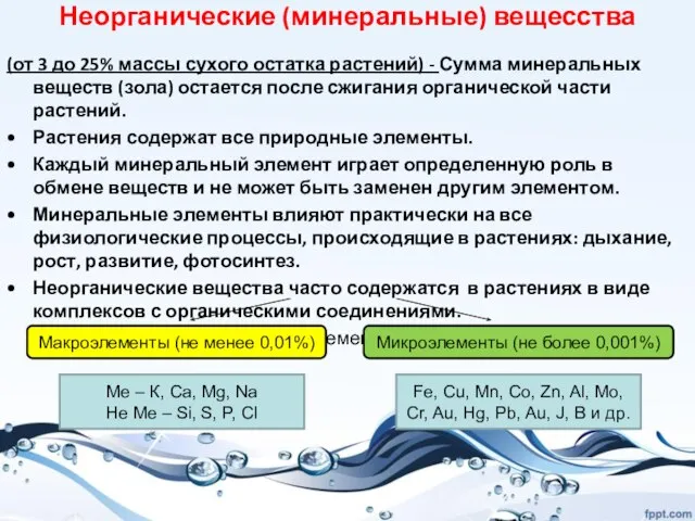 Неорганические (минеральные) вещесства (от 3 до 25% массы сухого остатка растений) -