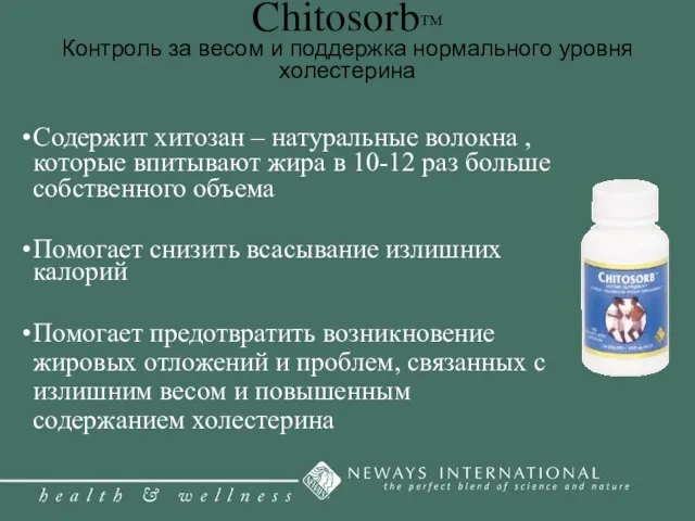 Chitosorb™ Контроль за весом и поддержка нормального уровня холестерина Содержит хитозан –