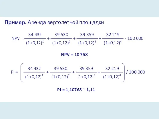 Пример. Аренда вертолетной площадки NPV = + + + - 100 000