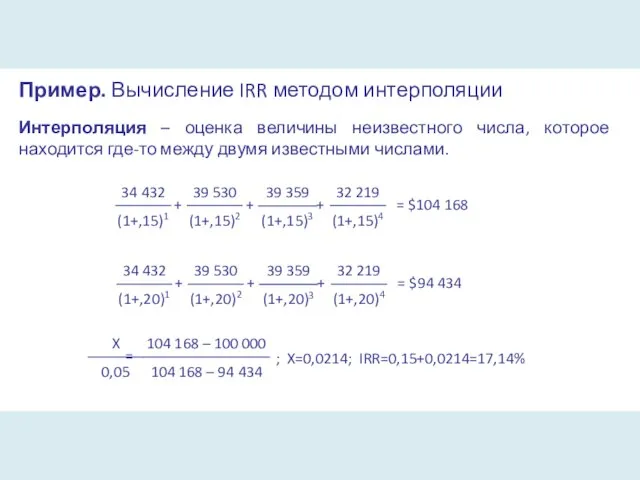 Пример. Вычисление IRR методом интерполяции + + + = $104 168 +