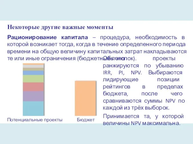 Некоторые другие важные моменты Рационирование капитала – процедура, необходимость в которой возникает