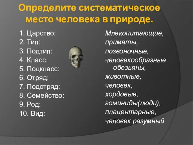 Определите систематическое место человека в природе. 1. Царство: 2. Тип: 3. Подтип: