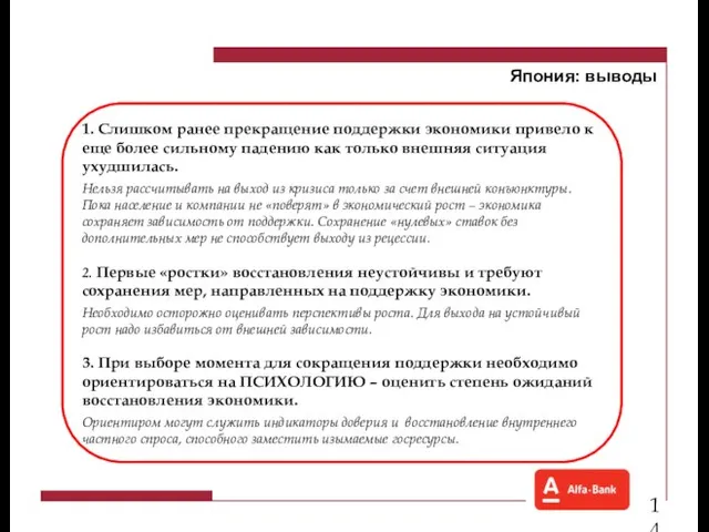 Япония: выводы 1. Слишком ранее прекращение поддержки экономики привело к еще более