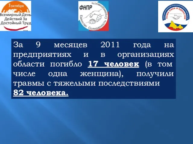 За 9 месяцев 2011 года на предприятиях и в организациях области погибло