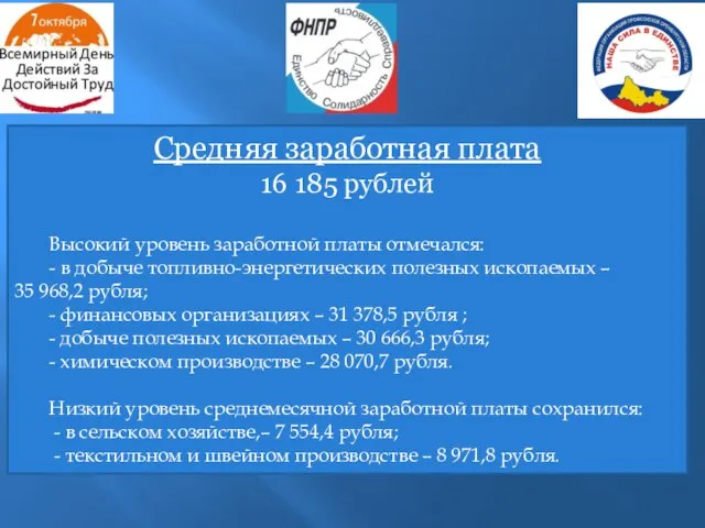 Средняя заработная плата 16 185 рублей Высокий уровень заработной платы отмечался: -