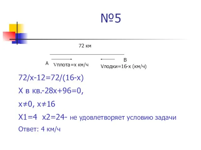 №5 А В 72 км Vплота=х км/ч Vлодки=16-х (км/ч) 72/х-12=72/(16-х) Х в