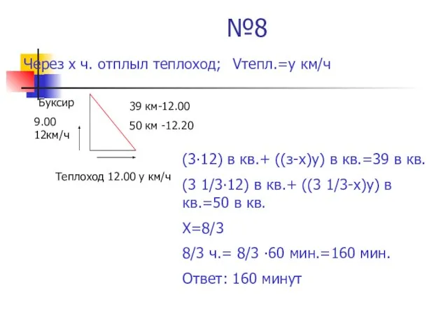 №8 Через х ч. отплыл теплоход; Vтепл.=у км/ч Буксир 9.00 12км/ч Теплоход