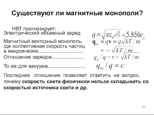 Существуют ли магнитные монополи? НВТ прогнозирует: Электрический объемный заряд Магнитный векторный монополь,