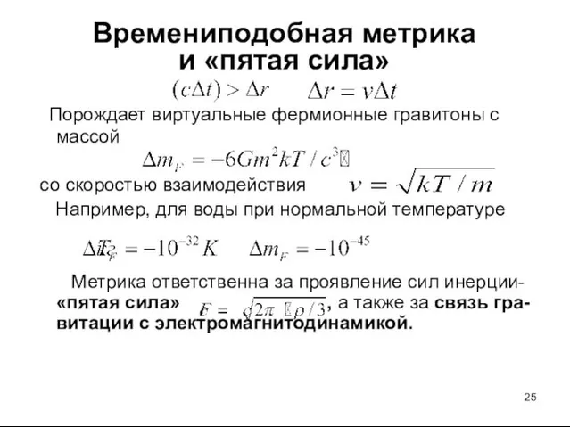 Времениподобная метрика и «пятая сила» Порождает виртуальные фермионные гравитоны с массой со