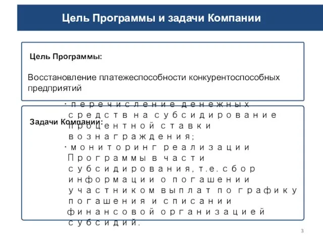 Цель Программы и задачи Компании Восстановление платежеспособности конкурентоспособных предприятий Цель Программы: перечисление