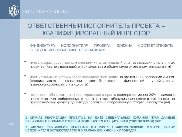 ОТВЕТСТВЕННЫЙ ИСПОЛНИТЕЛЬ ПРОЕКТА – КВАЛИФИЦИРОВАННЫЙ ИНВЕСТОР КАНДИДАТУРА ИСПОЛНИТЕЛЯ ПРОЕКТА ДОЛЖНА СООТВЕТСТВОВАТЬ СЛЕДУЮЩИМ