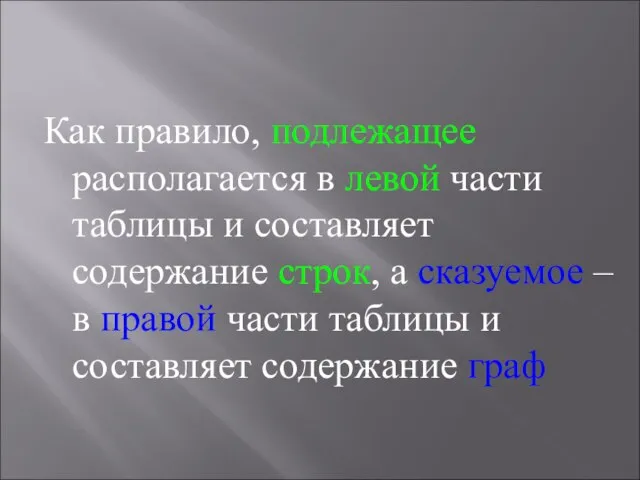 Как правило, подлежащее располагается в левой части таблицы и составляет содержание строк,