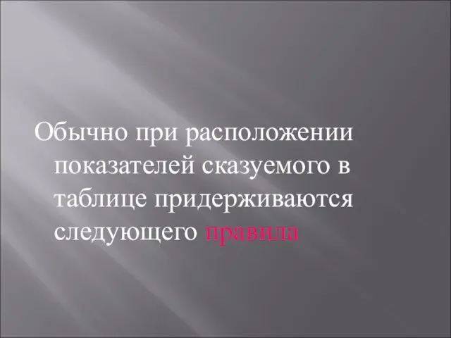 Обычно при расположении показателей сказуемого в таблице придерживаются следующего правила