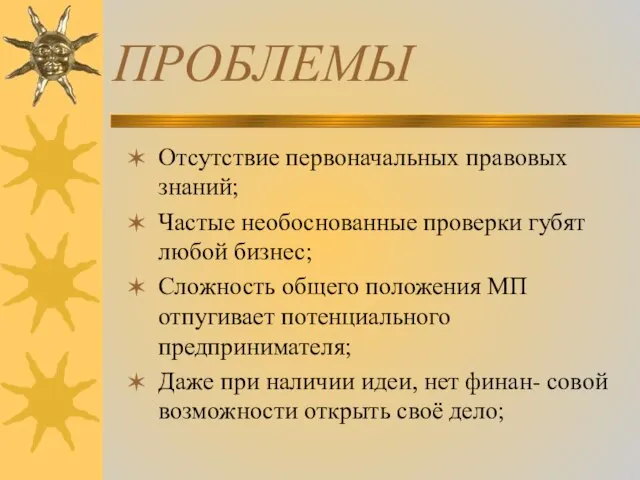 ПРОБЛЕМЫ Отсутствие первоначальных правовых знаний; Частые необоснованные проверки губят любой бизнес; Сложность