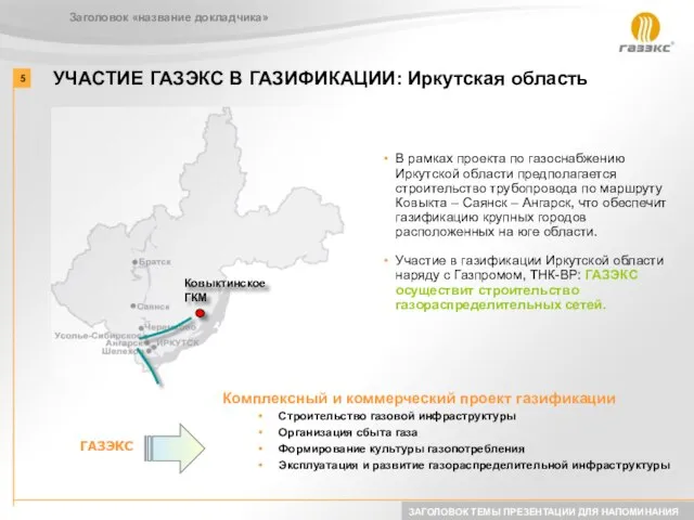 ЗАГОЛОВОК ТЕМЫ ПРЕЗЕНТАЦИИ ДЛЯ НАПОМИНАНИЯ УЧАСТИЕ ГАЗЭКС В ГАЗИФИКАЦИИ: Иркутская область Заголовок