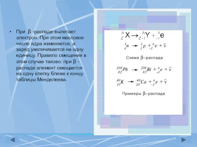 При β -распаде вылетает электрон. При этом массовое число ядра изменяется, а