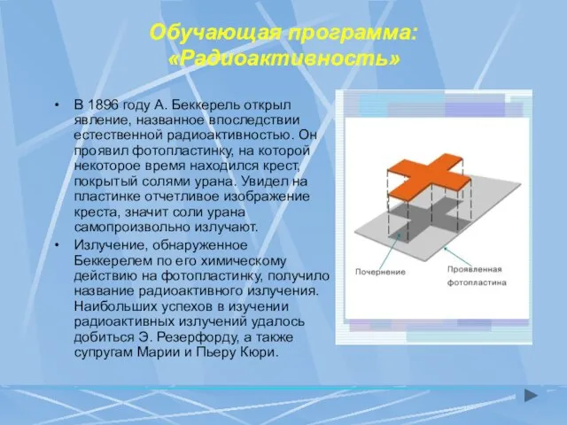 В 1896 году А. Беккерель открыл явление, названное впоследствии естественной радиоактивностью. Он