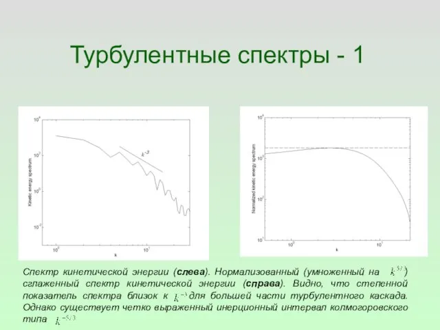 Турбулентные спектры - 1 Спектр кинетической энергии (слева). Нормализованный (умноженный на )