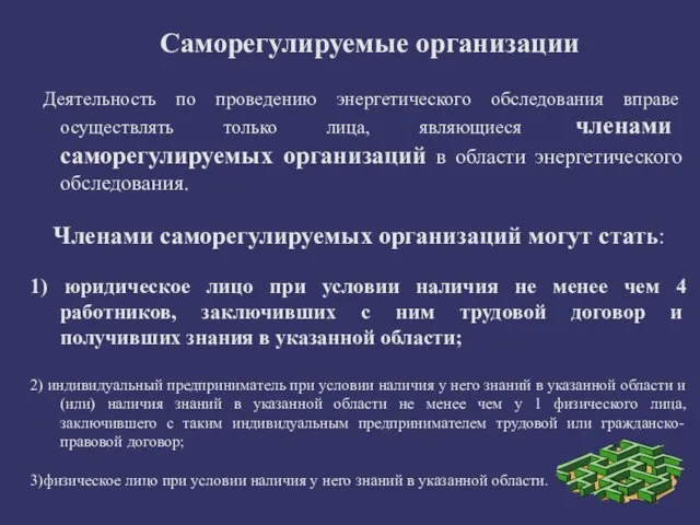 Саморегулируемые организации Деятельность по проведению энергетического обследования вправе осуществлять только лица, являющиеся