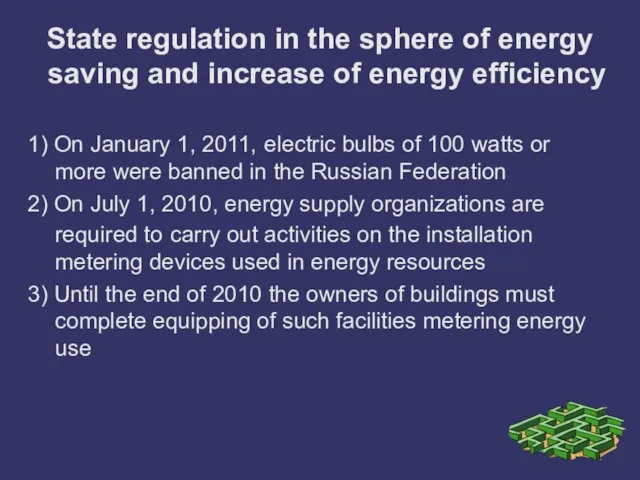 State regulation in the sphere of energy saving and increase of energy