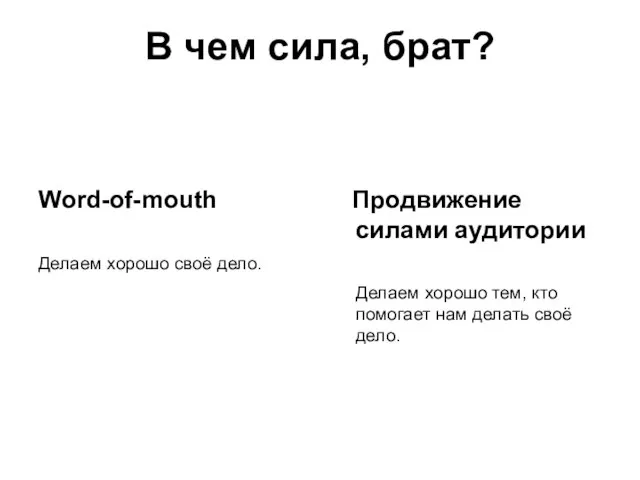 В чем сила, брат? Word-of-mouth Делаем хорошо своё дело. Продвижение силами аудитории