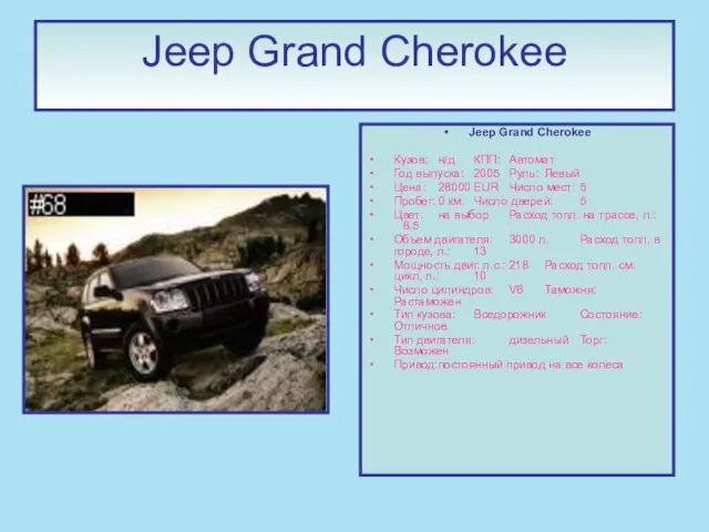 Jeep Grand Cherokee Jeep Grand Cherokee Кузов: н/д КПП: Автомат Год выпуска: