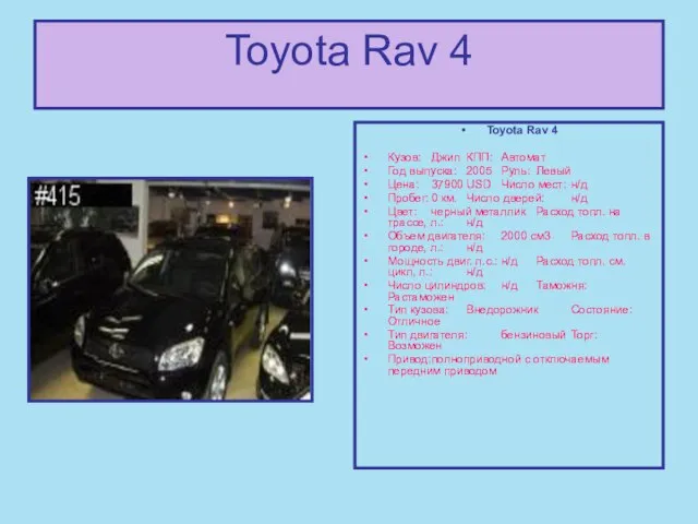 Toyota Rav 4 Toyota Rav 4 Кузов: Джип КПП: Автомат Год выпуска: