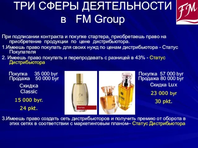 ТРИ СФЕРЫ ДЕЯТЕЛЬНОСТИ в FM Group При подписании контракта и покупке стартера,