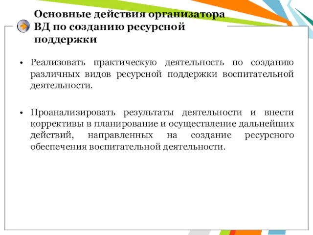 Основные действия организатора ВД по созданию ресурсной поддержки Реализовать практическую деятельность по