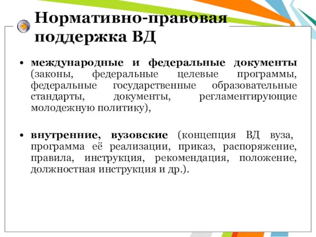 Нормативно-правовая поддержка ВД международные и федеральные документы (законы, федеральные целевые программы, федеральные